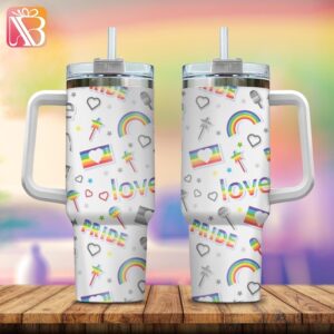 Amare Box LGBT Love Pride Rainbow 40oz Tumbler, Gay Lesbian, LGBTQ Flag Trans Rights Top Progress Pride Social Justice Tumbler With Handle